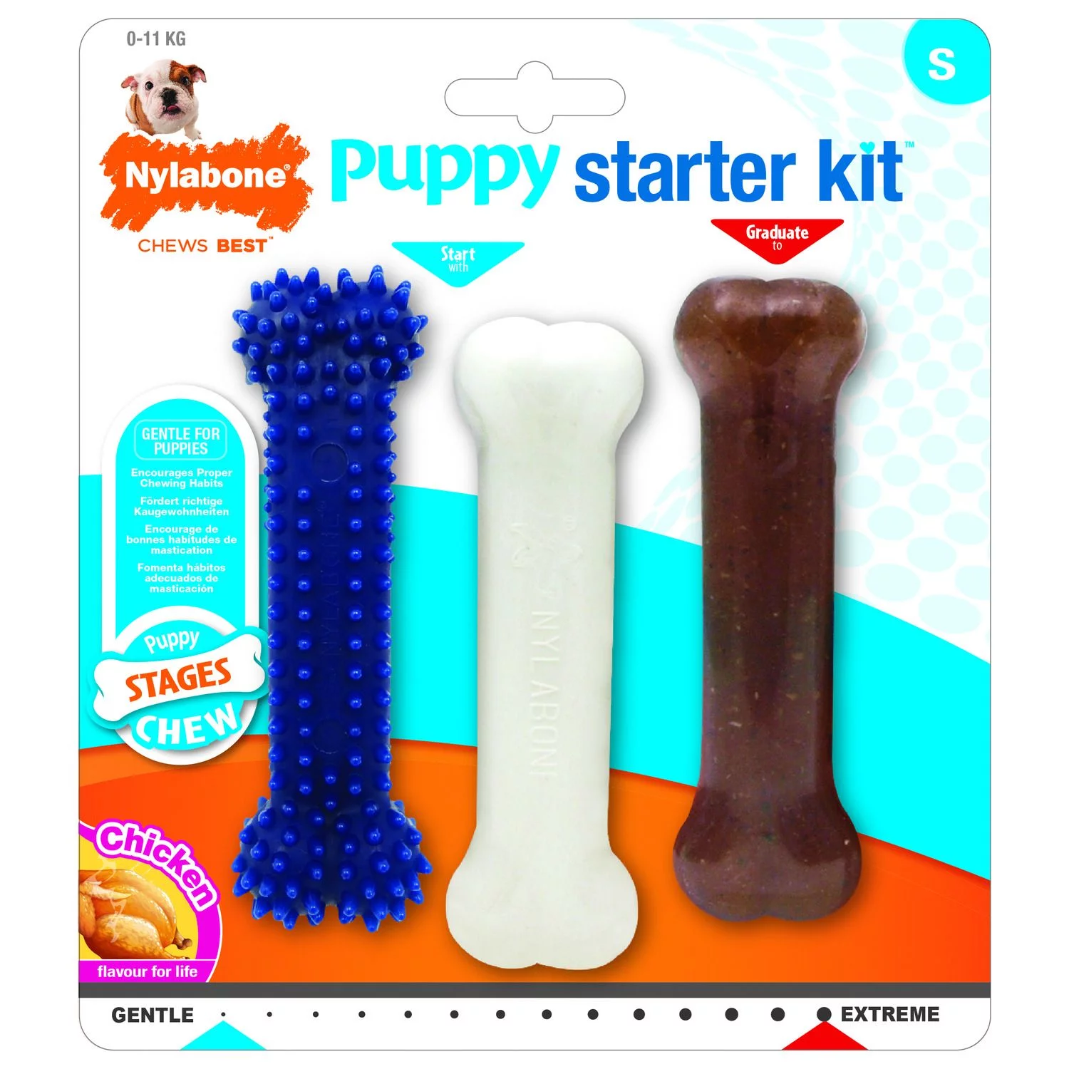 Nylabone Puppy Starter Kit Regular - Hondenspeelgoed - Kip Blauw Bruin Wit 3 Stuks Voor Honden Tot 11kg S 1 Nylabone Puppy Starter Kit Regular - Hondenspeelgoed - Kip Blauw Bruin Wit 3 Stuks Voor Honden Tot 11kg S